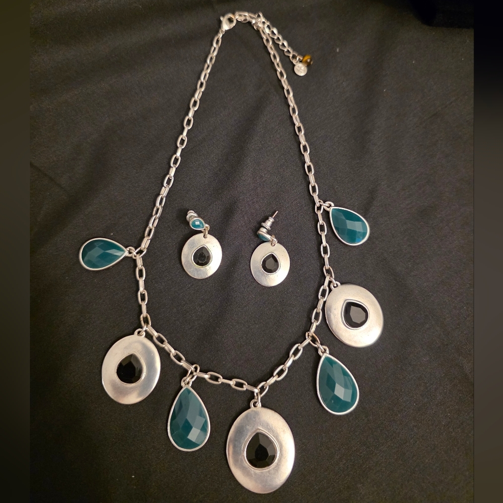 Silver-Tone Necklace and Matching Earring Set featuring striking teal and black